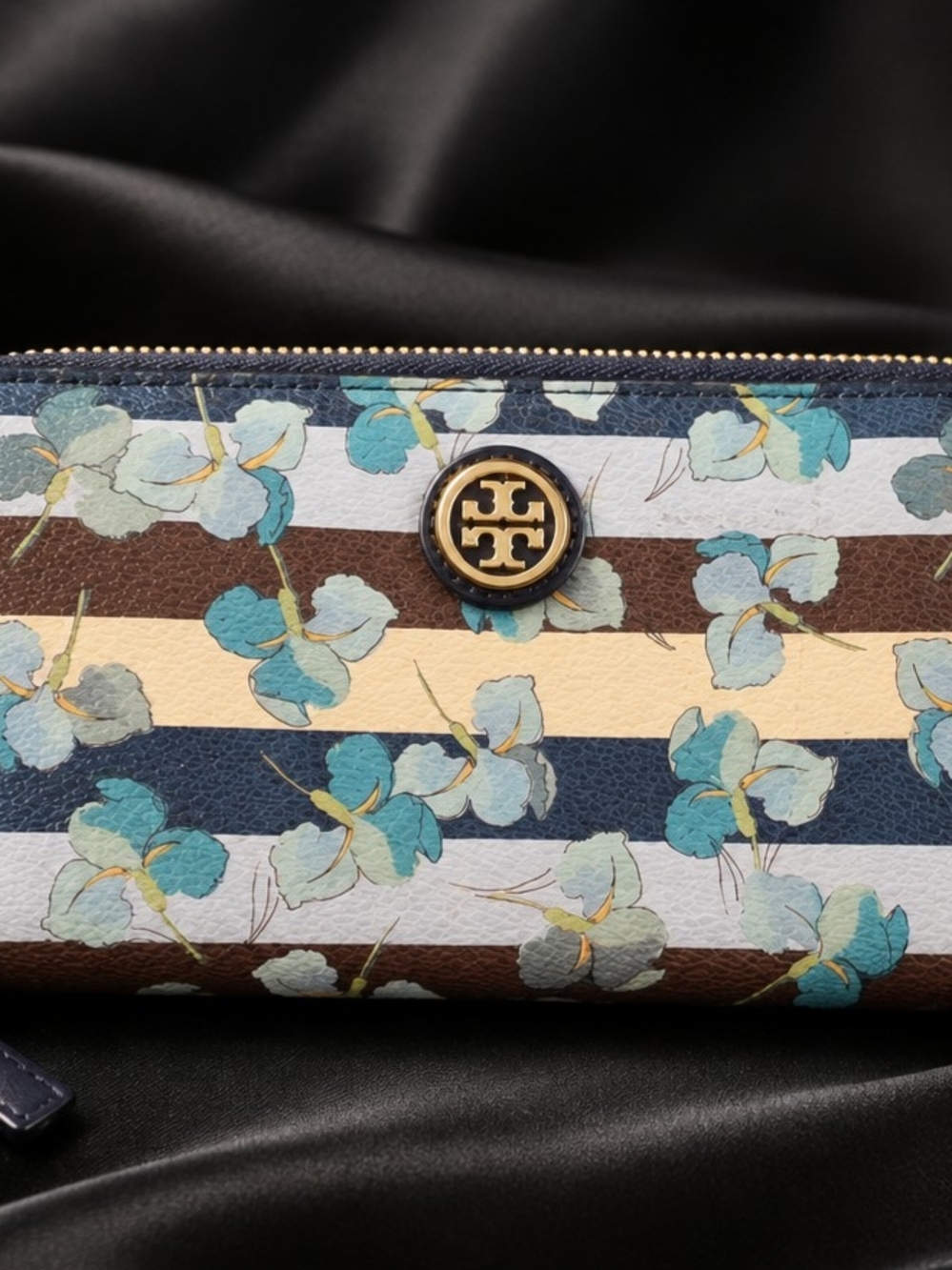 Tory Burch Striped Floral Continental Wallet in Blue, Brown, Cream